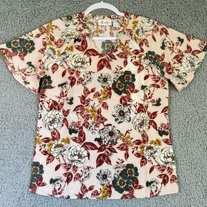 Denim & Company Womens Multi Floral Short Sleeve Raglan Smocked Pullover Top XXS